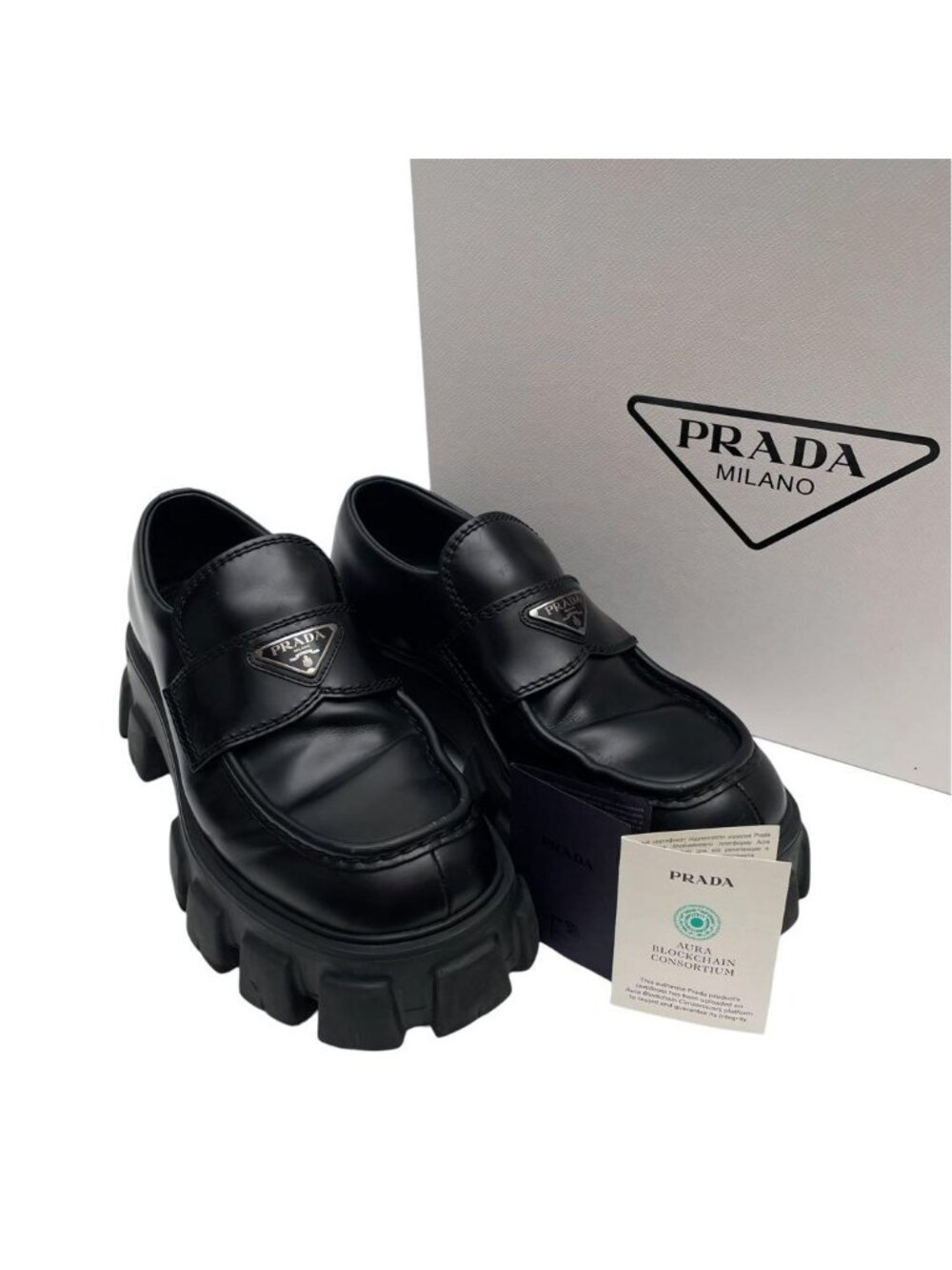 Prada Leather Monolith Loafers Thick Sole Triangle Plate Logo Black